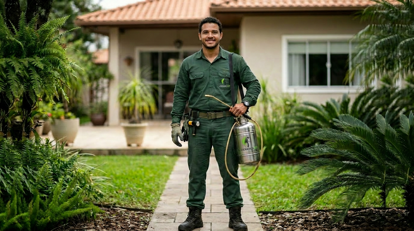Técnico da Liderança SP uniformizado com EPI completo realizando dedetização em ambiente residencial na Grande São Paulo