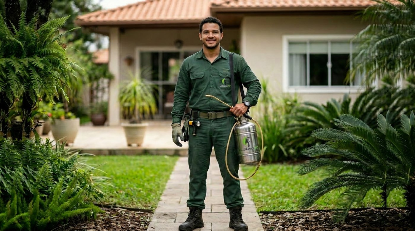 Técnico da Liderança SP uniformizado com EPI completo realizando dedetização em ambiente residencial na Grande São Paulo